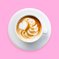 cappuccino with latte art in white ceramic cup on pastel pink background, ideal for cafe branding, beverage advertising, restaurant menu, social media design, and modern lifestyle.
