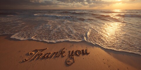 Sand writing on beach saying thank you during sunset with gentle waves and golden light reflecting on water surface