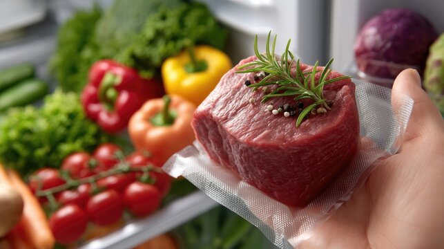 Hands hold a premium cut of meat while organizing fresh vegetables in a well-stocked refrigerator filled with vibrant colors
