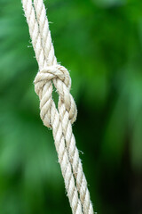 Close-up of strong hemp rope tied in a knot with blurred green nature background. Concept of strength, security, unity, resilience, teamwork, and stability in outdoor survival and business life.