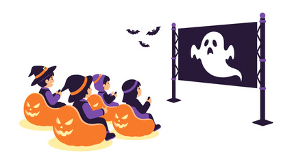 Halloween Movie Night: A whimsical illustration captures the magic of Halloween as children, adorned in festive costumes, gather to watch a spooky movie under a moonlit sky.