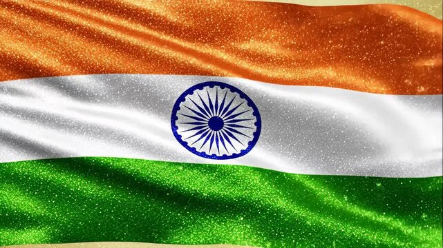 Glittering Indian Flag Wallpaper - A shimmering, glitter-textured Indian flag waving gently. The flag features the vibrant orange, white, and green stripes, with the Ashok Chakra in the center.