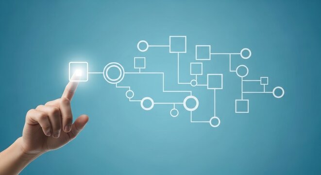 Hand touching a digital flowchart connecting nodes for business process automatio