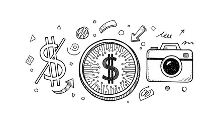 Obraz premium A black and white illustration of a digital currency coin, camera, and dollar sign.