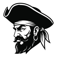 Fierce pirate head emblem iconic black and white character design for adventure themes silhouette
