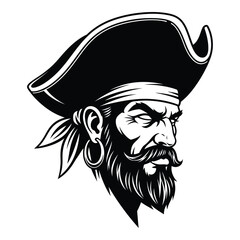 Fierce pirate head emblem icon featuring a bearded man with an eye patch and bandana silhouette