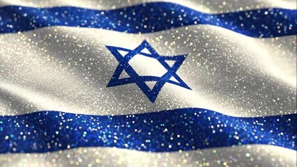 Glittering Israel Flag Waving Wallpaper - A close-up view of the Israeli flag waving, video with a glittering, sparkling effect. The Star of David is prominently displayed in the center.