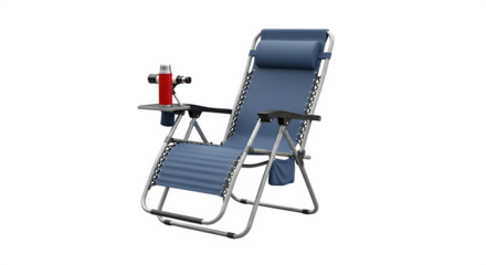 Comfortable zero gravity lounge chair with a cup holder and a headrest, perfect for relaxing outdoors isolated on transparent background