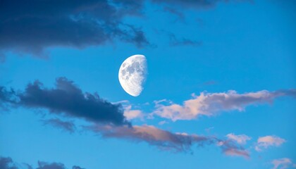 Crescent moon in a partly cloudy twilight sky