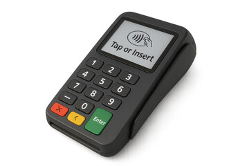 Modern payment terminal, 'Tap or Insert', transparent background.