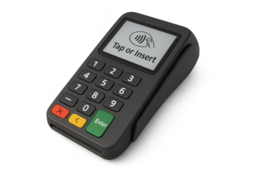Modern payment terminal, 'Tap or Insert', transparent background.