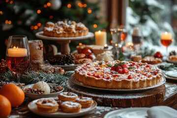 Fototapeta premium Christmas tree surrounded by festive food on a table.
