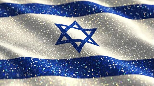 Glittering Israel Flag Waving Wallpaper - A close-up view of the Israeli flag waving, video with a glittering, sparkling effect. The Star of David is prominently displayed in the center.