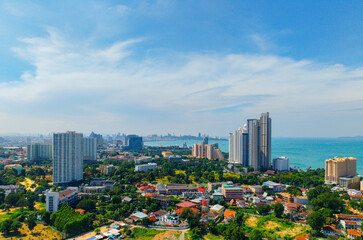 Obraz premium Aerial view daytime panorama of Beach with skyscrapers hotels in Pattaya, Chonburi, Thailand