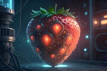Strawberry with Integrated Circuitry and Glowing Red Lights fruit futuristic