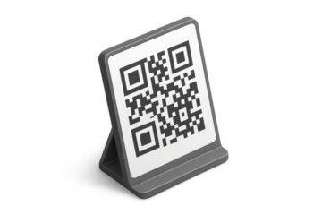 Modern QR code on grey stand, transparent background, isolated 3D render
