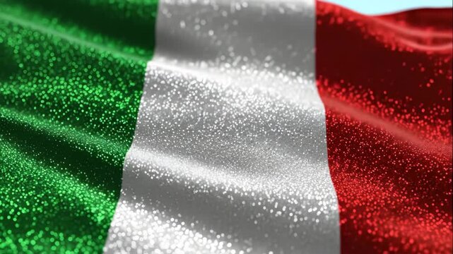Glittering Italy Flag Waving - A close-up view of the Italy flag with a glittering effect. The flag's colors - green, white, and red - shimmer and wave gracefully, creating a vibrant visual.