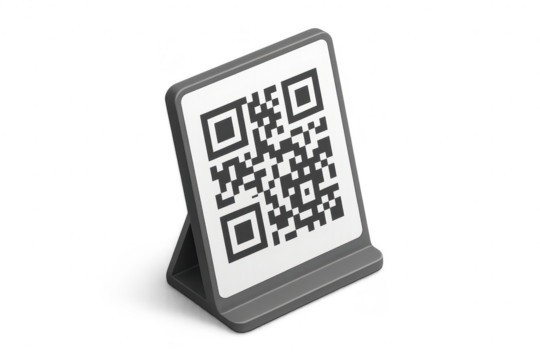 Modern QR code on grey stand, transparent background, isolated 3D render