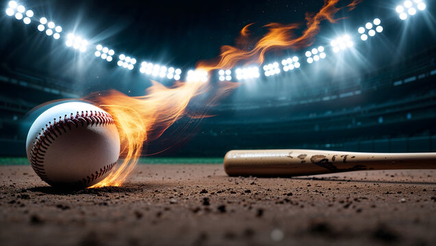Baseball with blurred motion and a trail of fire flying towards a worn wooden baseball bat, illuminated by mystical lighting effects floodlights generative AI