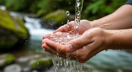 Cupped hands catch fresh, clear water from a stream