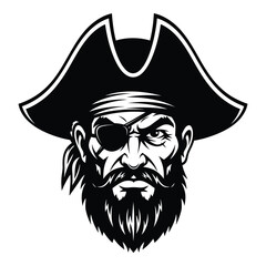 Fierce pirate portrait with eye patch and tricorne hat monochromatic graphic symbol silhouette