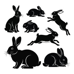 Diverse black rabbit silhouettes collection dynamic poses for easter and spring themed projects silhouette