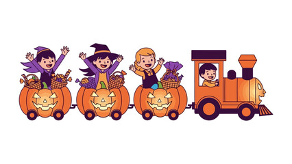 Halloween Train Adventure: A whimsical Halloween-themed illustration depicts children riding a playful train, each car a carved pumpkin, sparking imagination and seasonal joy. 
