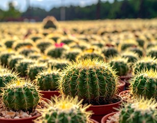 Close-up view of many small cacti in pots