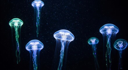Bioluminescent jellyfish drift gracefully in the dark ocean depths enchanting blue light glow underwater
