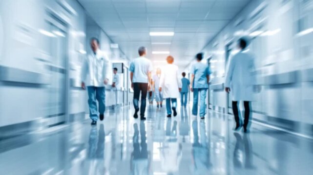 Healthcare workers navigate a bustling hospital corridor, clad in white coats, engaged in various tasks while a sense of urgency fills the air.