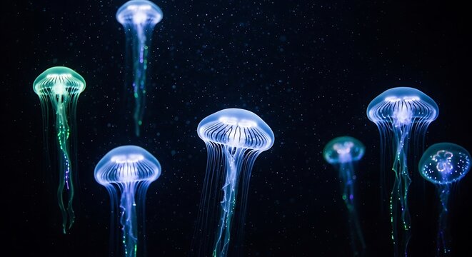 Bioluminescent jellyfish drift gracefully in the dark ocean depths enchanting blue light glow underwater