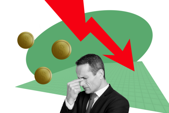 Creative picture collage mature businessman suffer headache migraine dynamic arrow falling down investing inflation economy