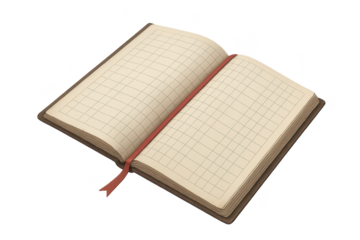 Vintage open book with grid-lined pages, bookmark, isolated on transparent.