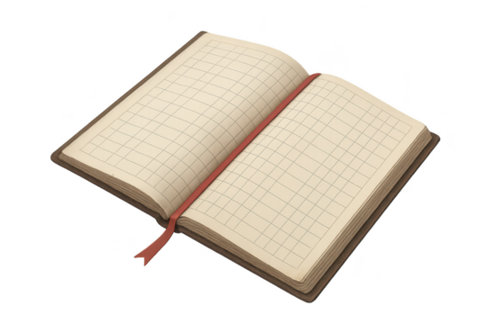 Vintage open book with grid-lined pages, bookmark, isolated on transparent.