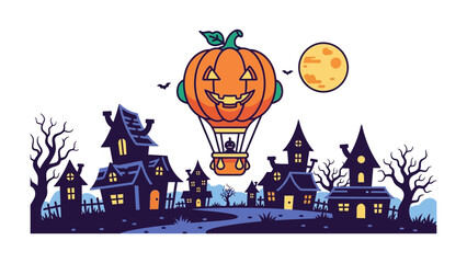Halloween Village: A whimsical illustration of a Halloween village with a carved pumpkin hot air balloon floating gracefully overhead. The scene is complete with spooky houses, eerie trees.