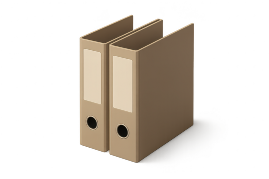 Two brown office binders isolated on transparent background, document storage