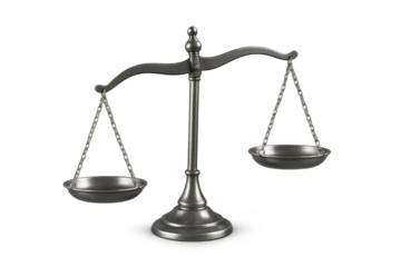 Classic metallic balance scale isolated on transparent background, symbol of justice