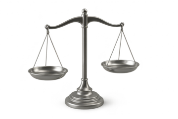 Classic silver balance scale isolated on transparent background, symbolizing justice