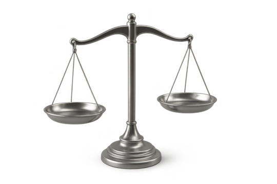 Classic silver balance scale isolated on transparent background, symbolizing justice