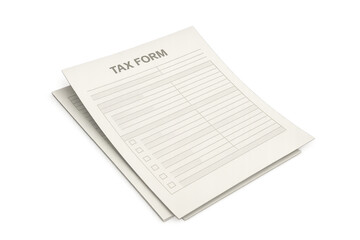 Isolated stack of blank tax forms on transparent background, financial document