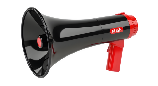 Black and red megaphone isolated on transparent background, a powerful tool for announcements, protests, and emergency situations, with a push button