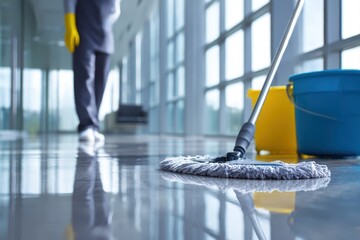 Polished floors reflect light as a worker mops an office space, maintaining cleanliness and hygiene with diligence.
