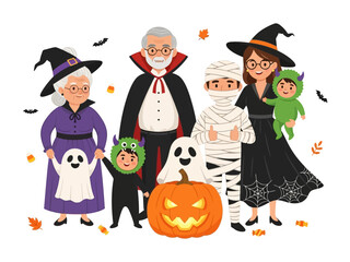 Halloween Family Portrait: A family, dressed in vibrant, whimsical costumes, poses cheerfully amidst the Halloween spirit, featuring a pumpkin at its center.