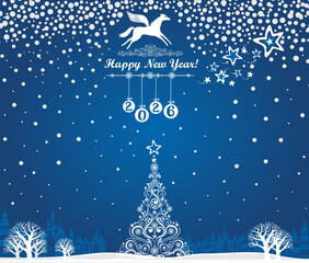 Happy new year 2026! Year of horse. Celebration blue background with Christmas Landscape, tree, town and place for your text. Winter season vacation concept. Christmas holidays Vector Illustration 