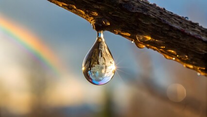Water Droplet Reflecting Rainbow on Branch image photo