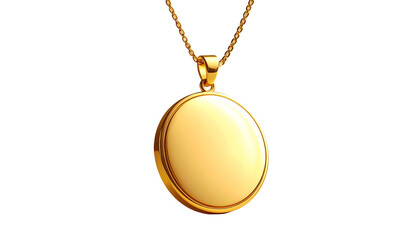 Shiny gold locket pendant with chain, elegant design on black background