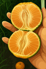 The illustration shows a hand holding a freshly cut orange, split into two halves. The juicy, bright orange flesh is visible with neatly arranged segments, surrounded by a thin greenish-yellow rind. I