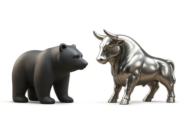 Fototapeta premium Bull and bear statues isolated on transparent background, stock market icons