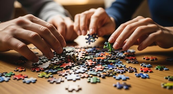 Hands Assembling Jigsaw Puzzle: Teamwork, Focus, and Colorful Challenge. - Powered by Adobe