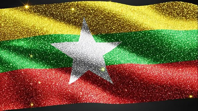 Glittering Myanmar Flag Wallpaper - A sparkling animated depiction of the Myanmar flag, with a shimmering glitter effect, waving gracefully.
